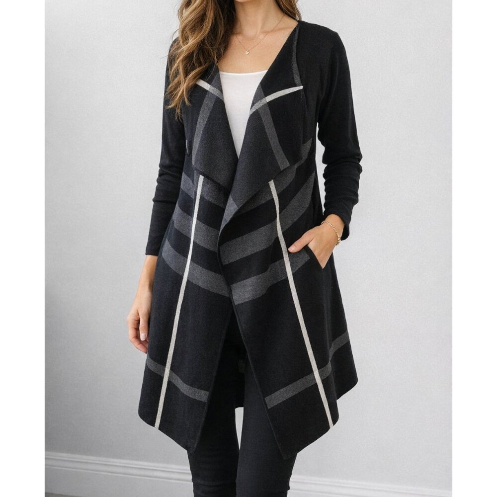 Angel Apparel Asymmetrical Plaid Cardigan Jacket Black Grey Size L